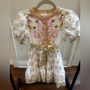 White Girls' Floral Puff-Sleeve Dress with Pink & Yellow Accents